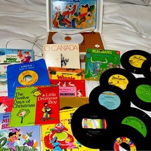 Vintage Record Player and Assorted Records